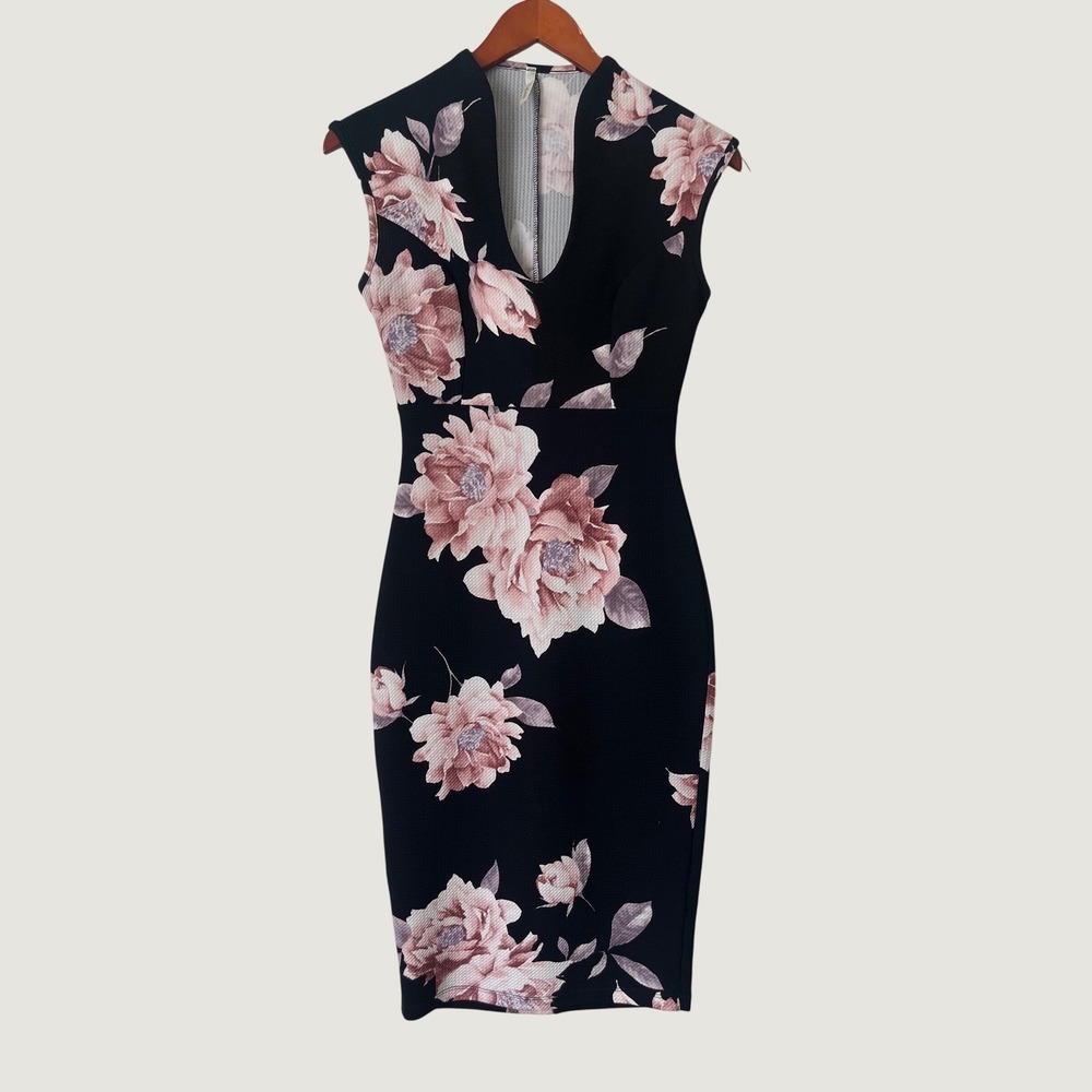 Glare Floral Sheath Dress Black Pink Notched Textured Black dark romantic Medium